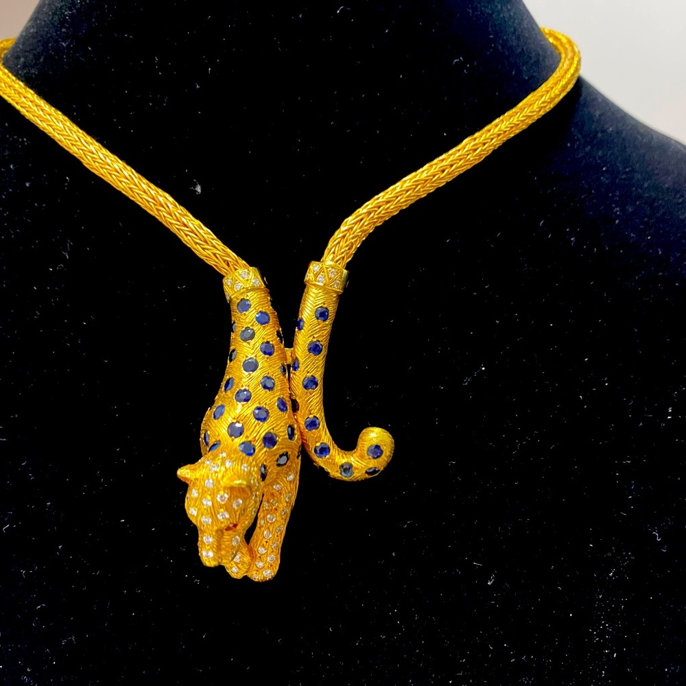 Panther Necklace solid 18 k gold, natural diamonds, sapphire (not heated).